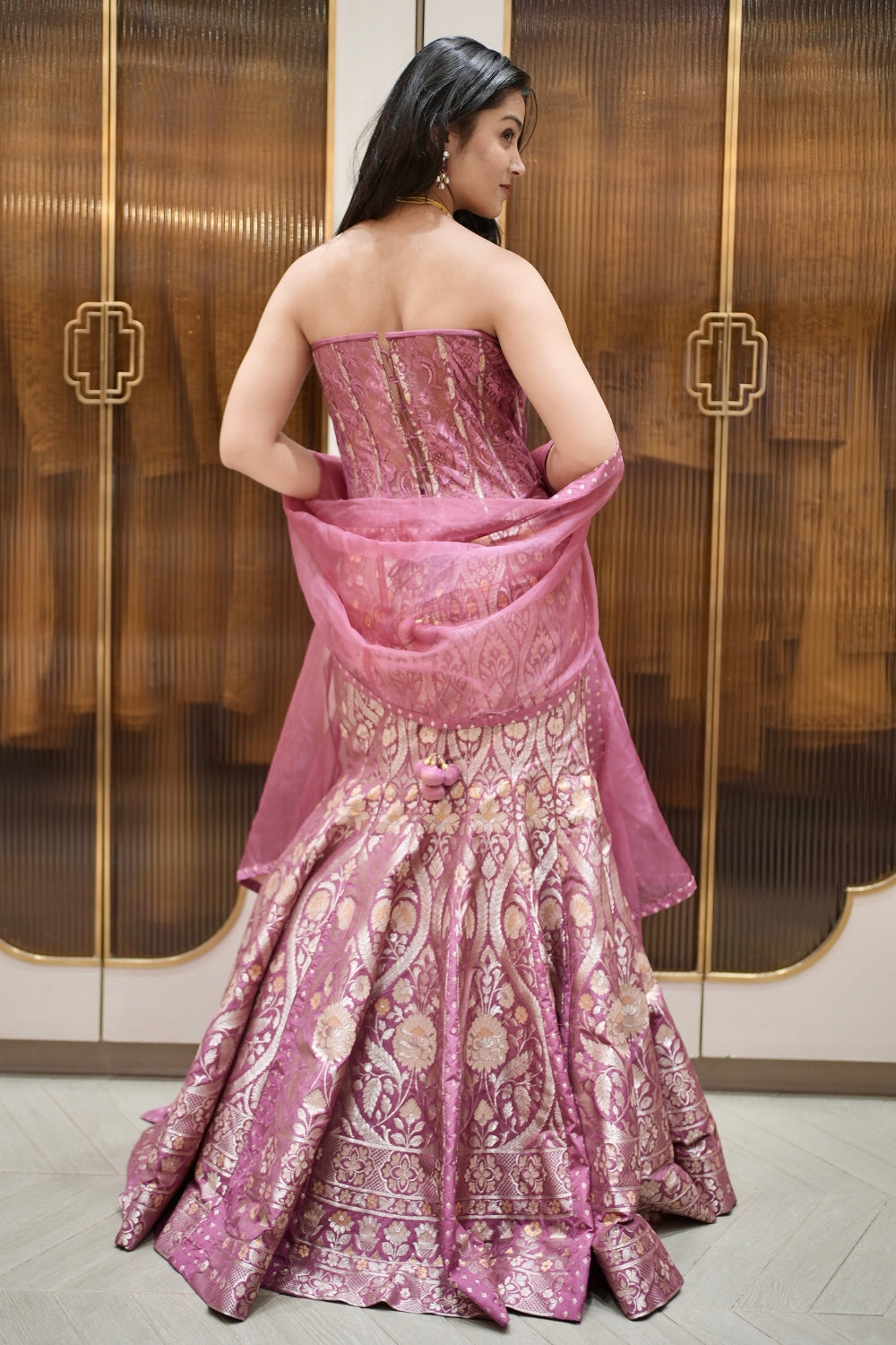 Pink Banarasi Brocket Corset Lehenga Choli with Ruffled Dupatta