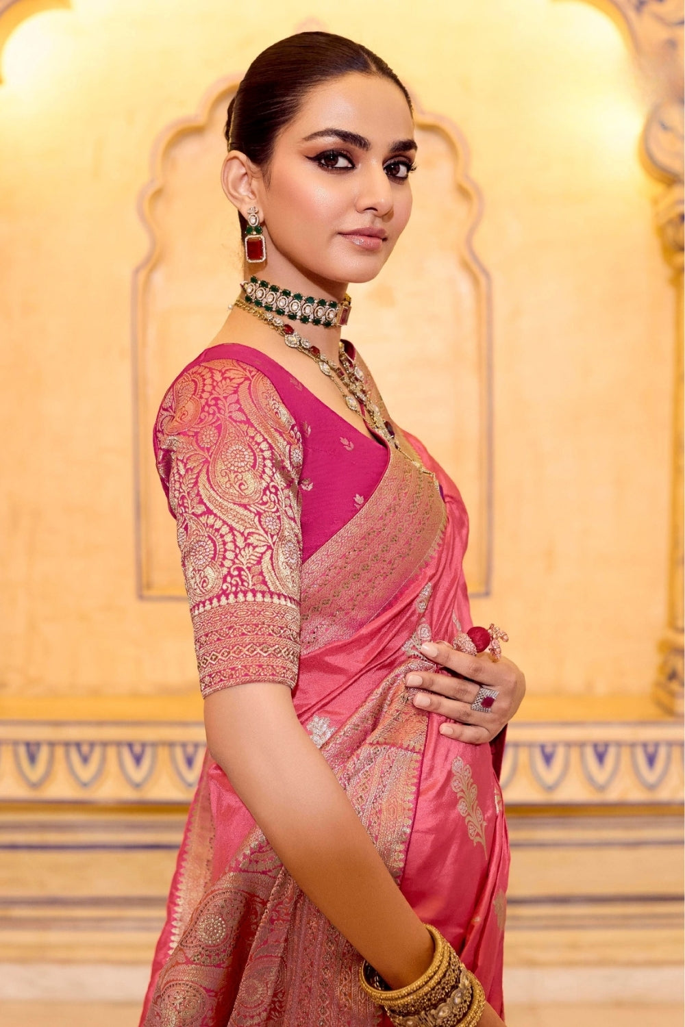 Pink Banarasi Weaving Silk Saree