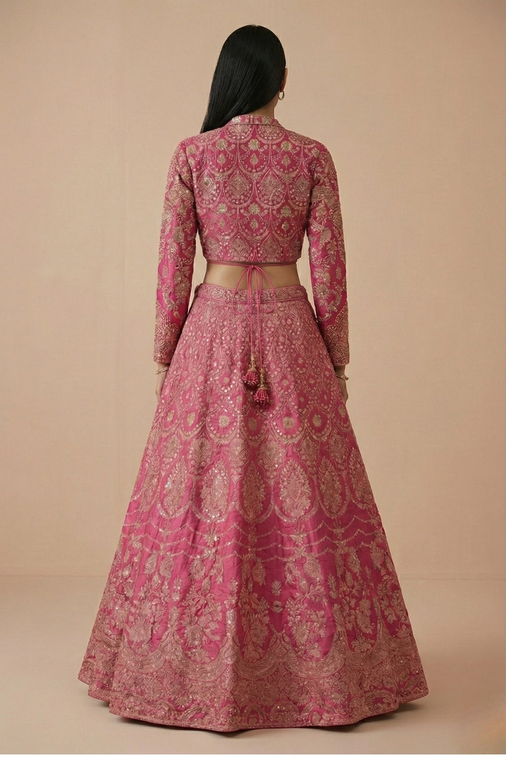 Pink Banarsi Silk Lehenga Set with Cutdana and Moti Work