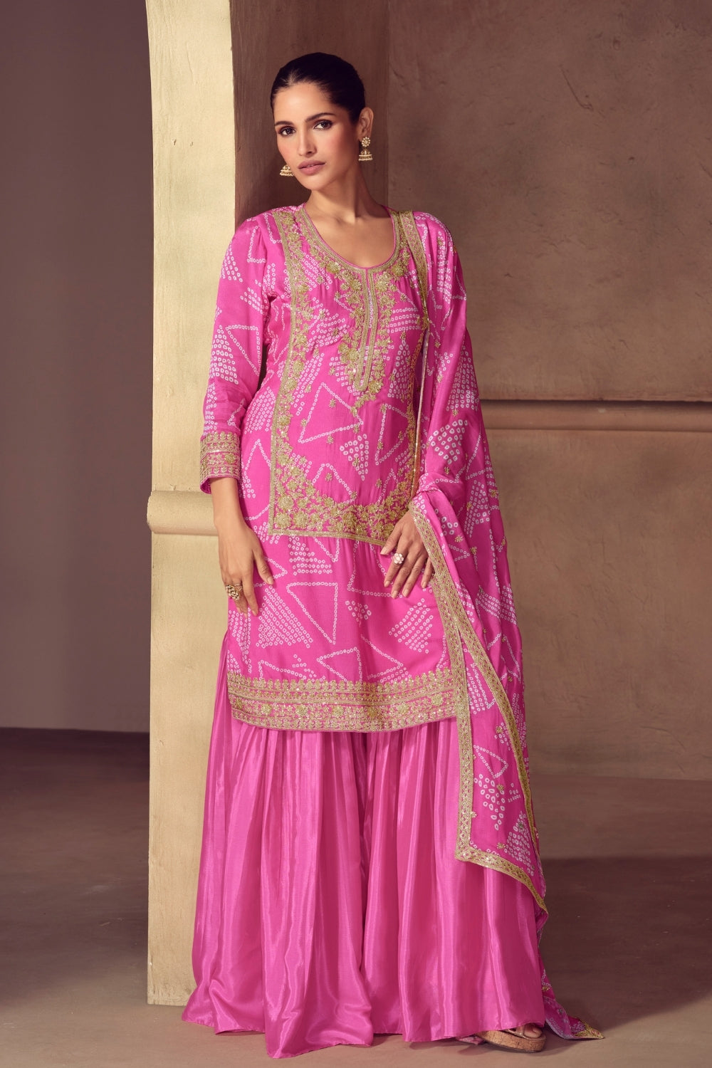 Pink Chinon Silk Embroidered Sharara Suit