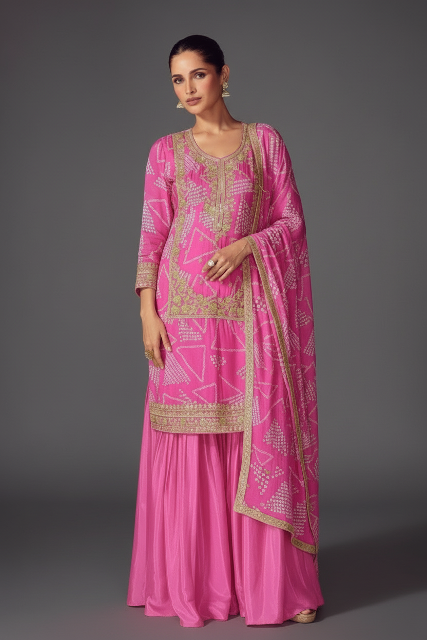 Pink Chinon Silk Embroidered Sharara Suit