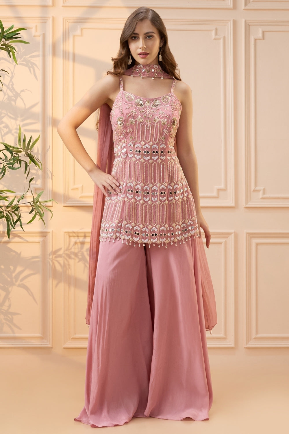 Pink Crepe Silk Palazzo Set with Cutdana and Mirror Work