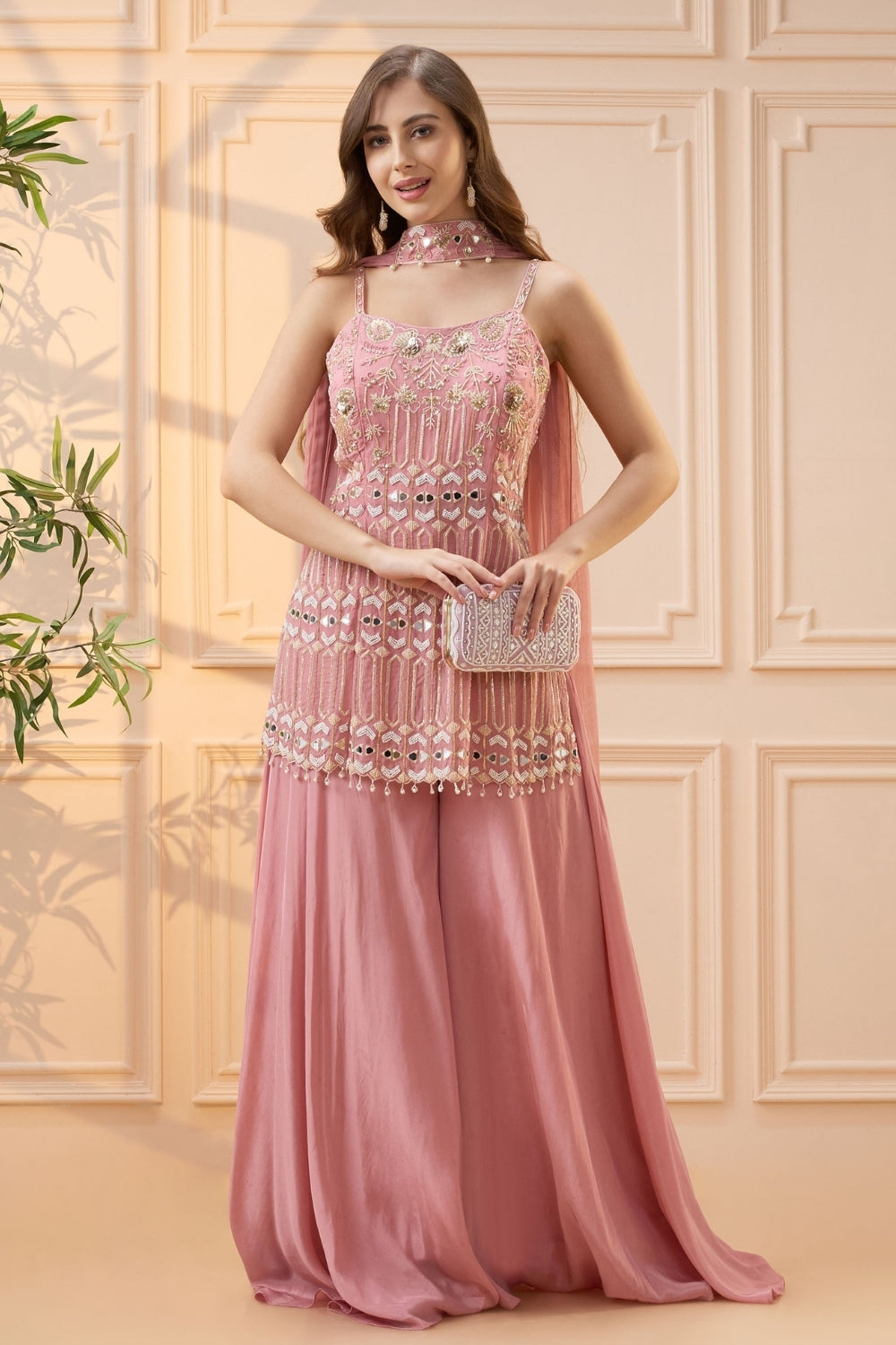 Pink Crepe Silk Palazzo Set with Cutdana and Mirror Work