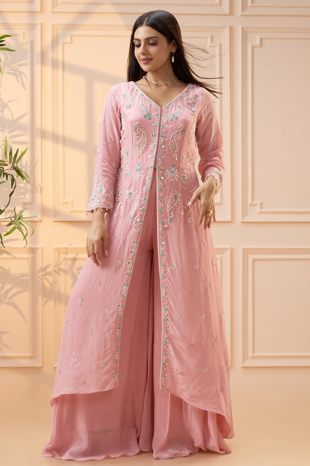 Pink Crepe Silk Palazzo Set with Moti and Mirror Work