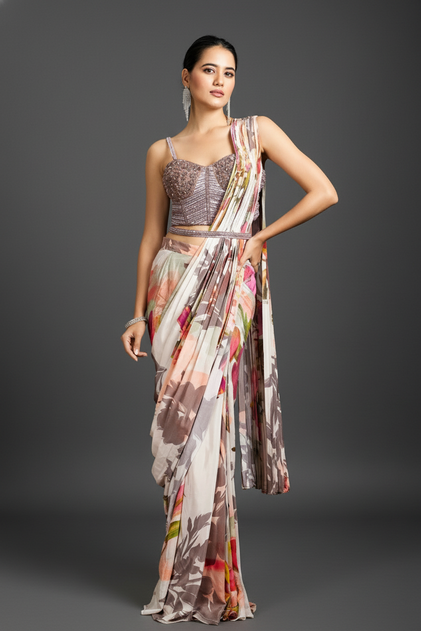 Pink Crepe Silk Readymade Saree