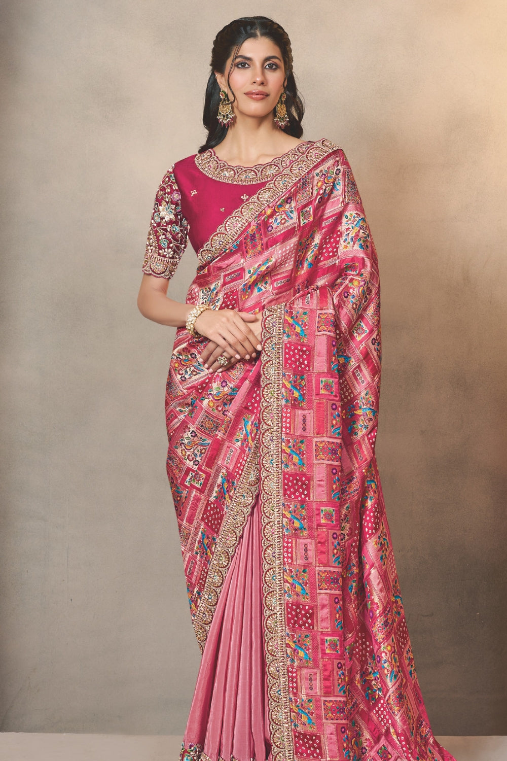 Pink Gajji Silk Saree with Resham Embroidery and Moti Work