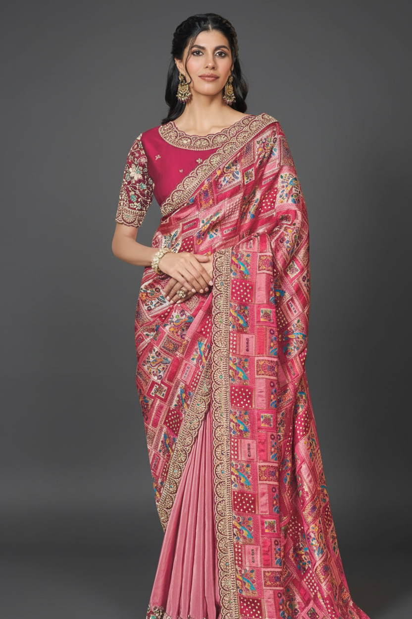 Pink Gajji Silk Saree with Resham Embroidery and Moti Work