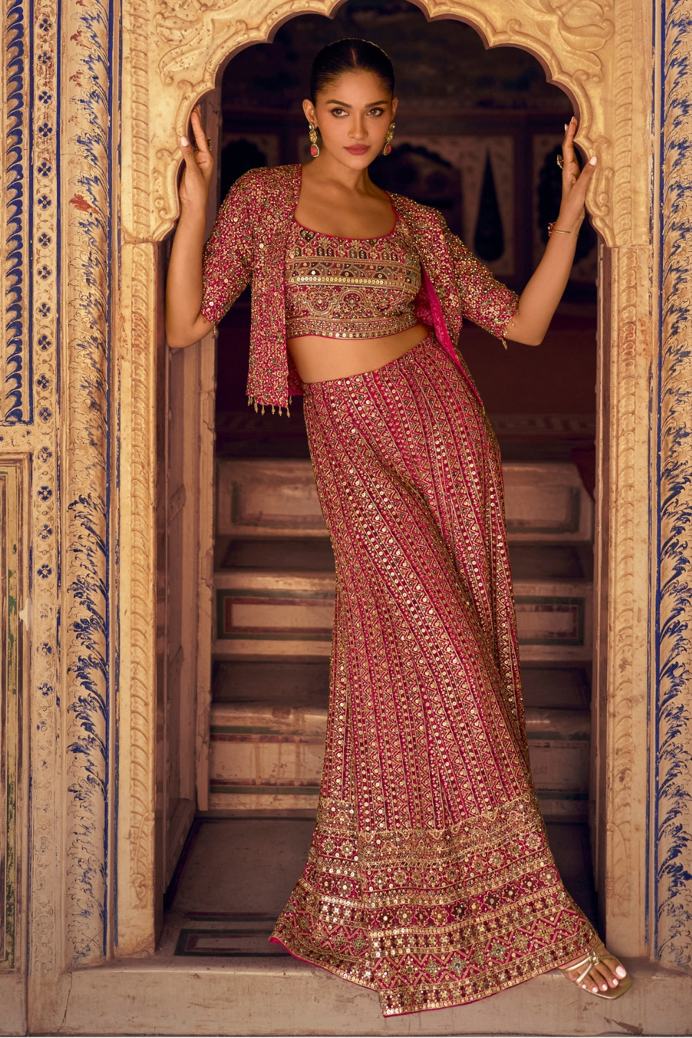 Pink Georgette Indo Western with Mirror and Stone Work