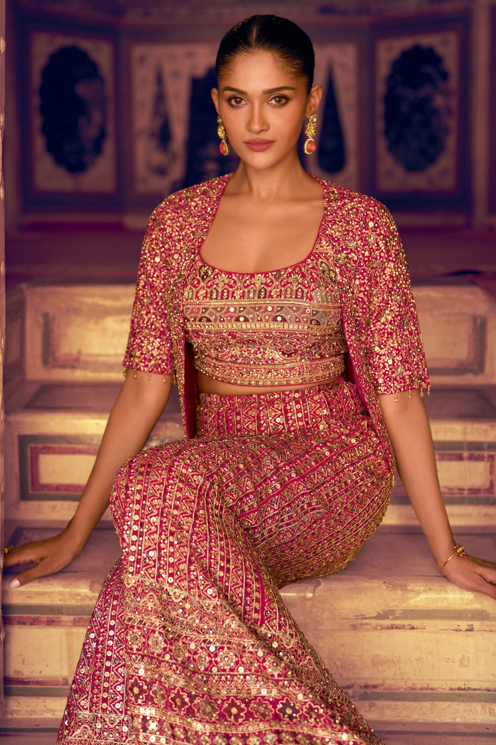 Pink Georgette Indo Western with Mirror and Stone Work