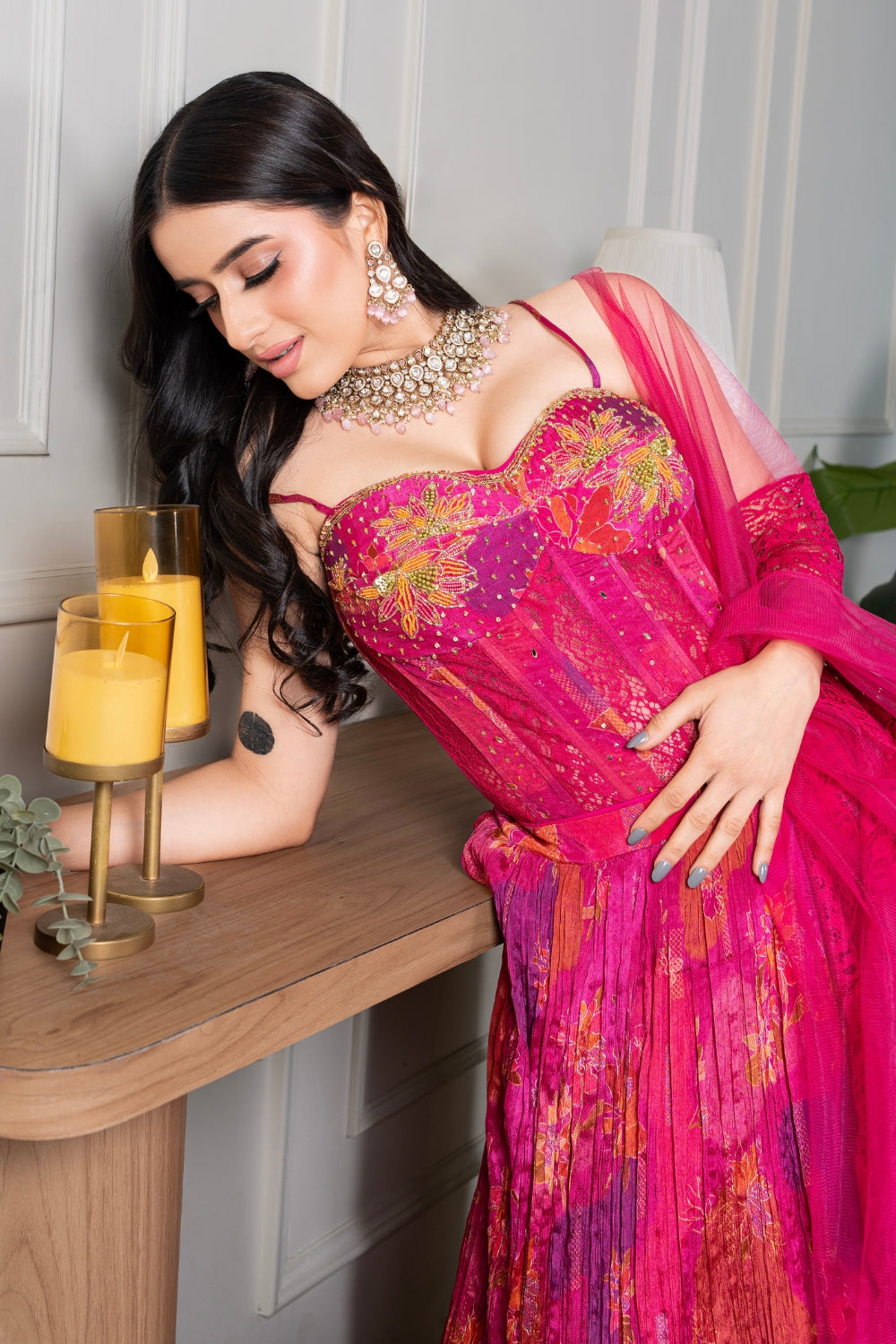 Pink Georgette Lehenga Choli with Sequins and Moti Work