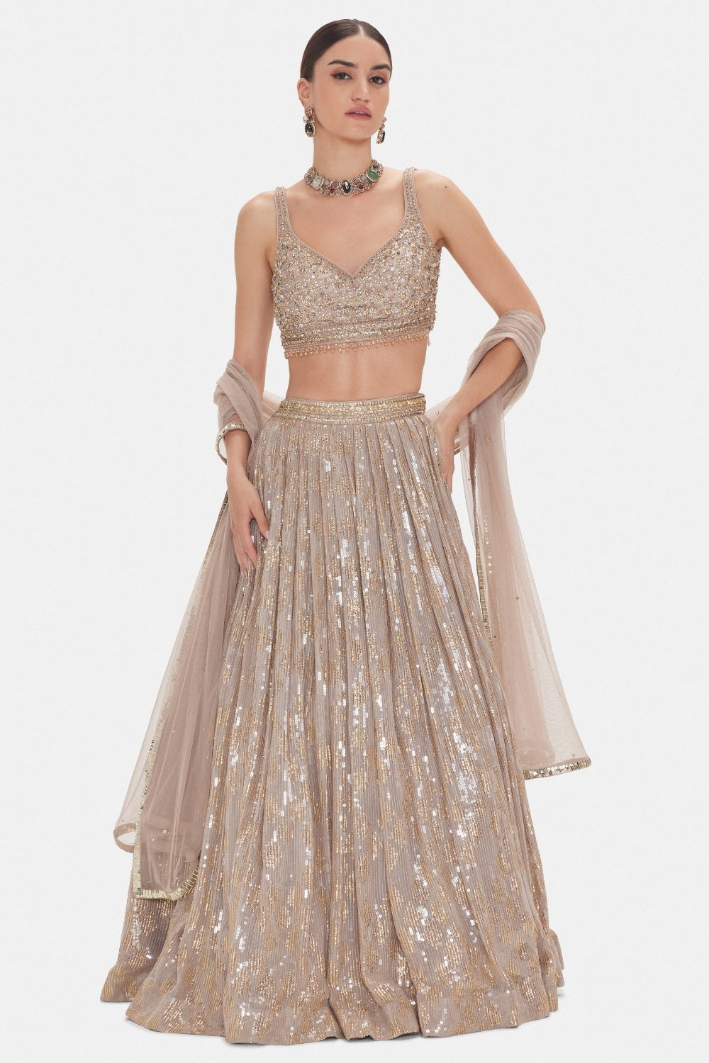 Pink Georgette Lehenga Set with Cutdana and Moti Work