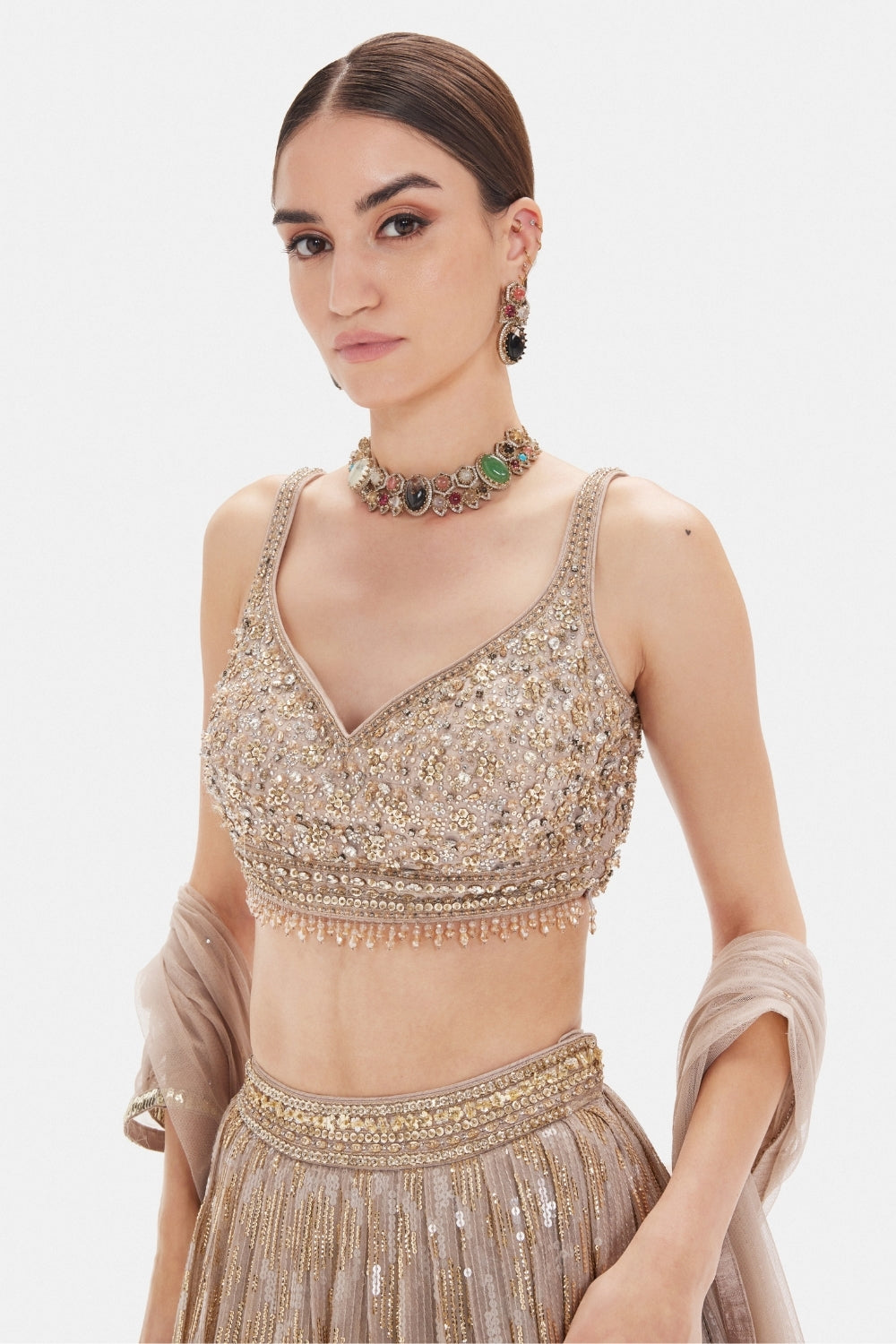 Pink Georgette Lehenga Set with Cutdana and Moti Work