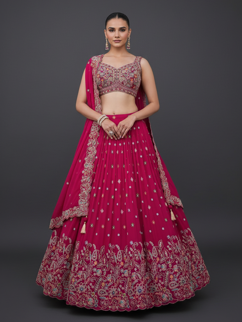 Pink Georgette Lehenga Set with Zardosi and Cutdana Work