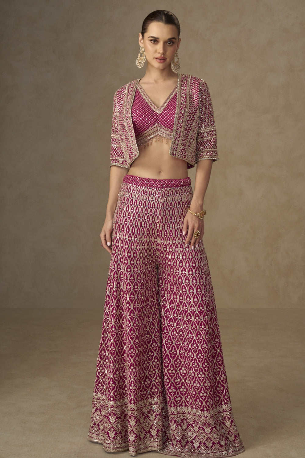 Pink Georgette Palazzo Set with Embroidery and Sequins Work