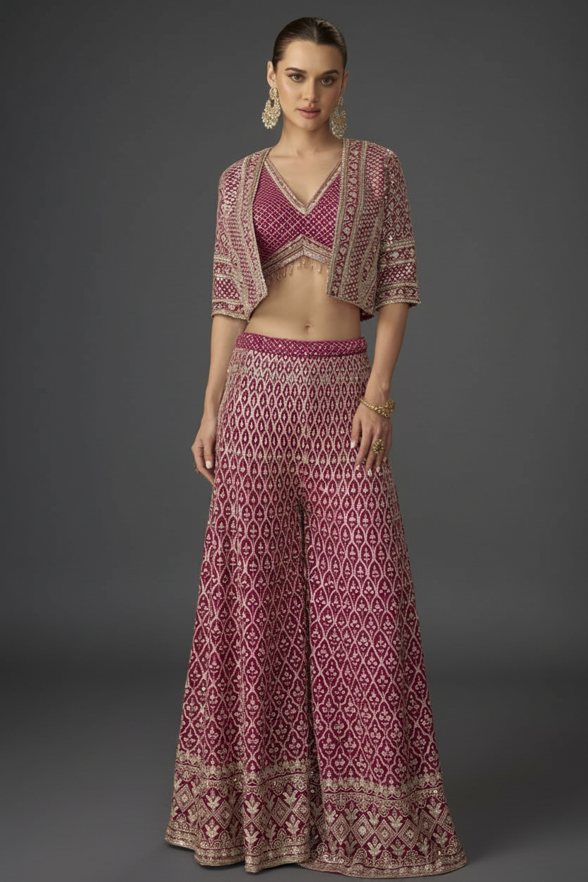 Pink Georgette Palazzo Set with Embroidery and Sequins Work