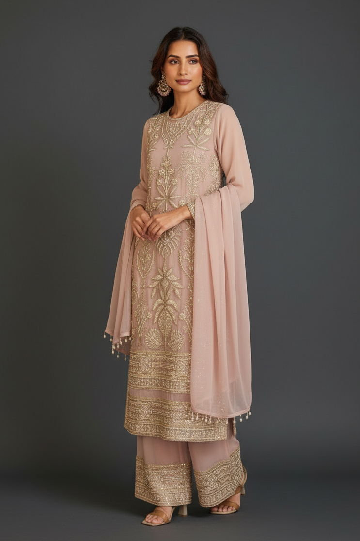 Peach Georgette Palazzo Set with Embroidery and Sequins Work