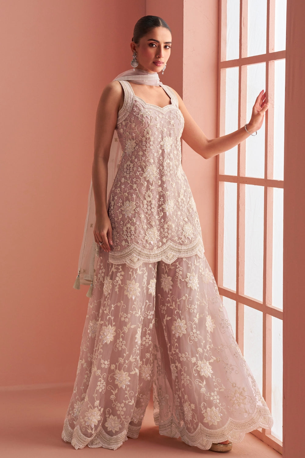 Pink Net Palazzo Set with Cutdana and Sequins Work