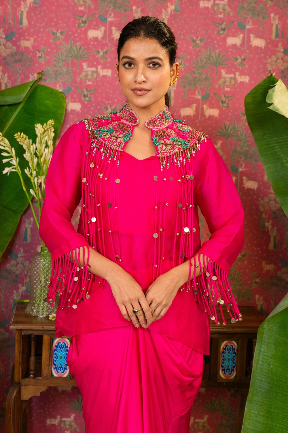 Pink Organza Indo Western with Metal Sequins and Zardosi Work