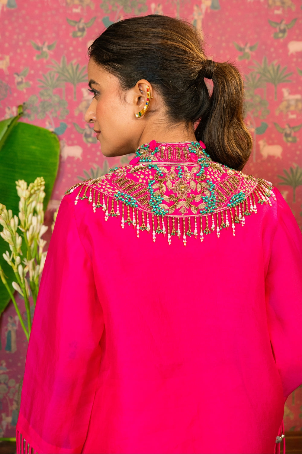 Pink Organza Indo Western with Metal Sequins and Zardosi Work