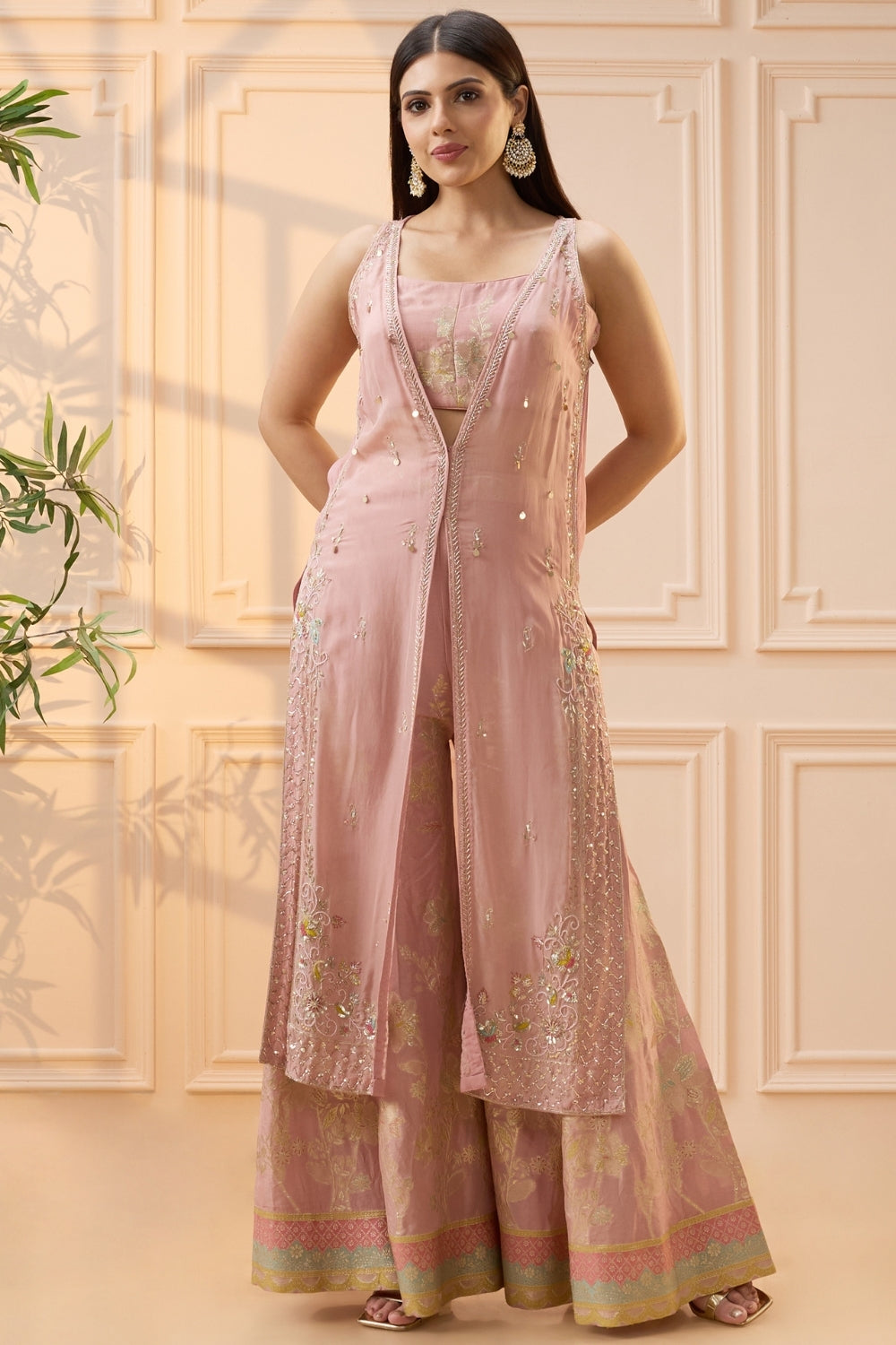 Pink Organza Palazzo Set with Cutdana and Sequins Work