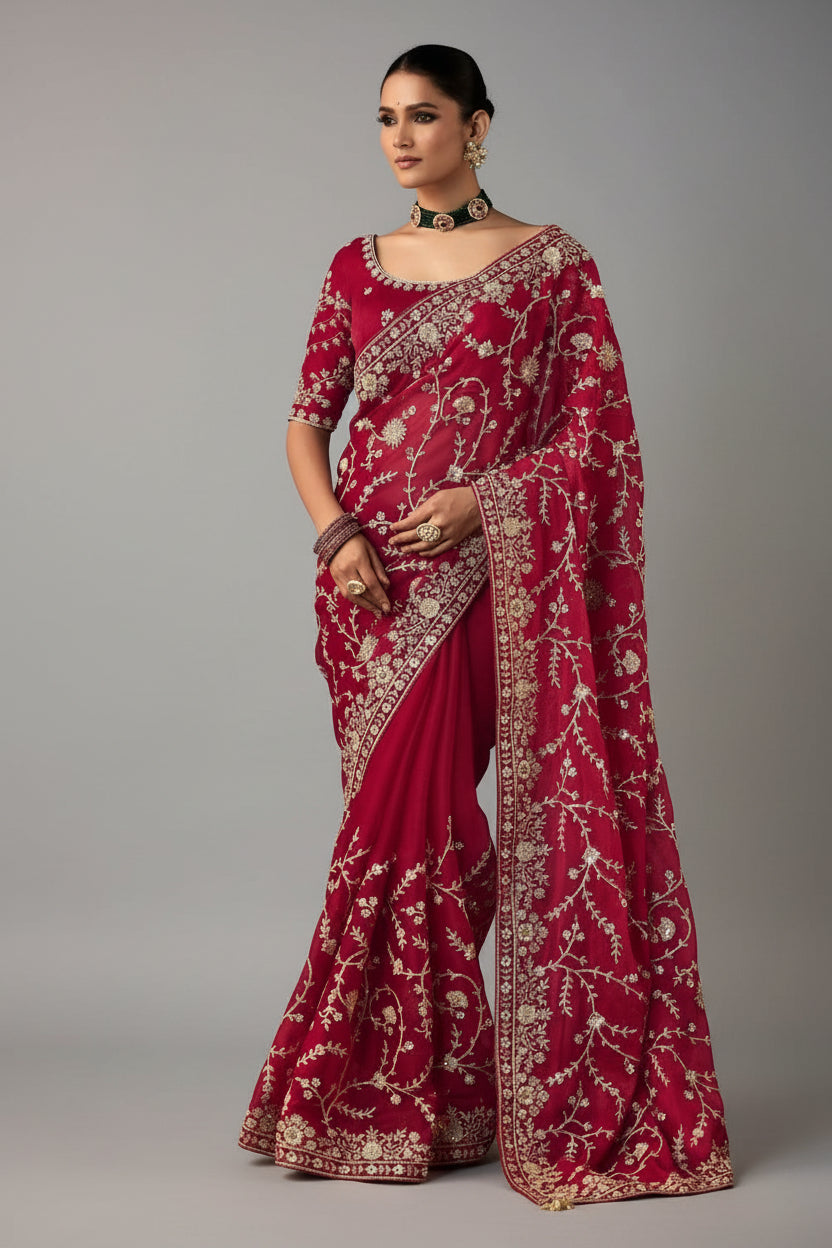 Pink Organza Tissue Saree with Embroidery and Sequins Work