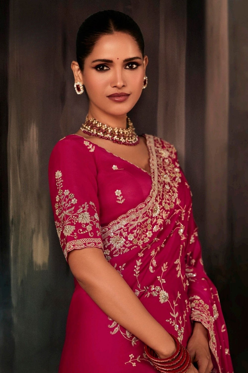 Pink Organza Tissue Saree with Embroidery and Sequins Work