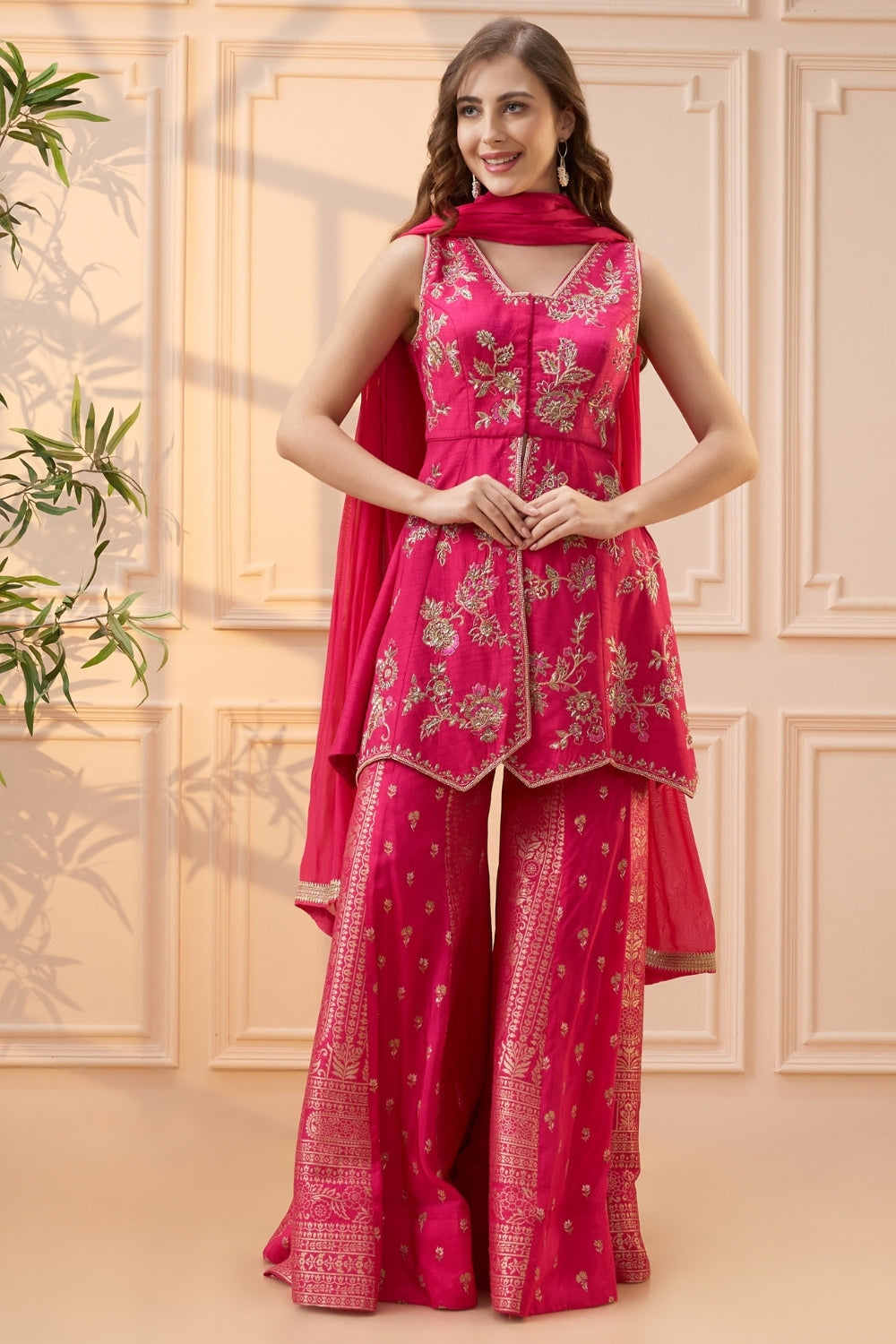 Pink Raw Silk Palazzo Set with Zardosi and Cutdana Work