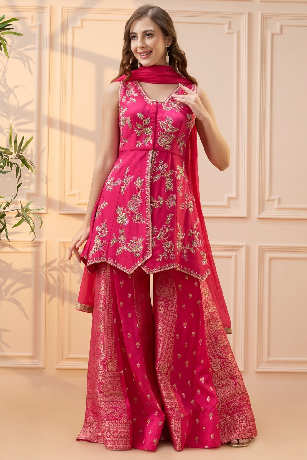 Pink Raw Silk Palazzo Set with Zardosi and Cutdana Work
