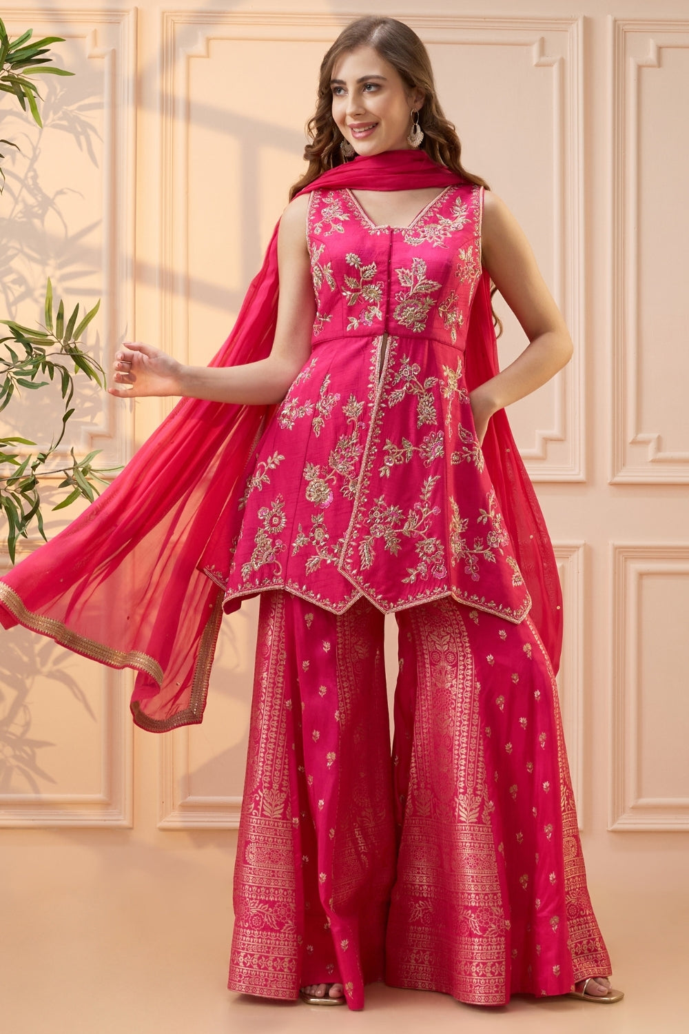 Pink Raw Silk Palazzo Set with Zardosi and Cutdana Work