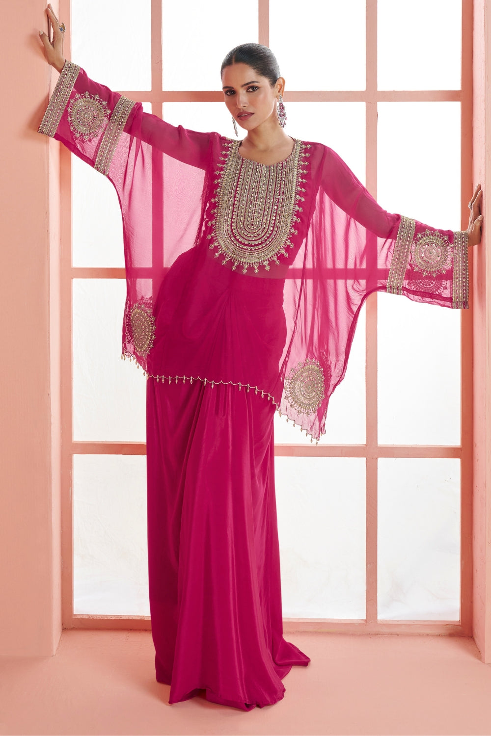 Pink Silk Palazzo Set with Moti and Mirror Work