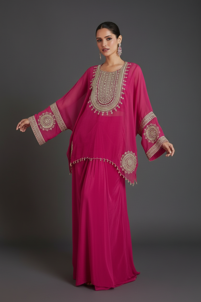Pink Silk Palazzo Set with Moti and Mirror Work