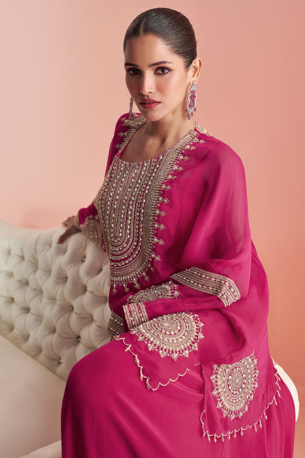 Pink Silk Palazzo Set with Moti and Mirror Work