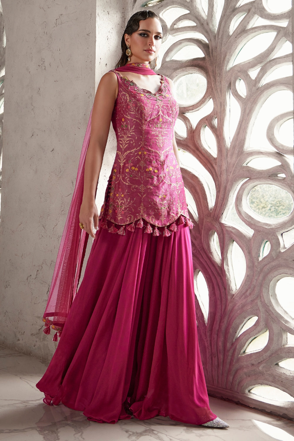 Pink Silk Palazzo Set with Zardosi and Stone Work