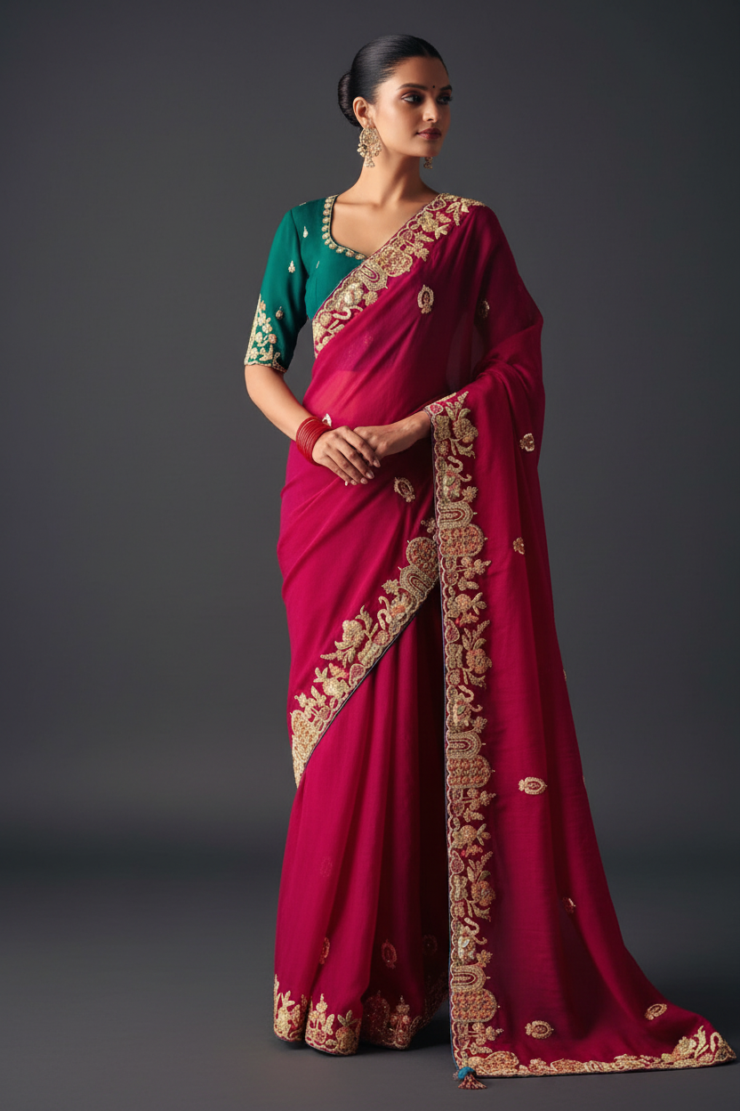 Pink Silk Saree with Resham Embroidery and Moti Work