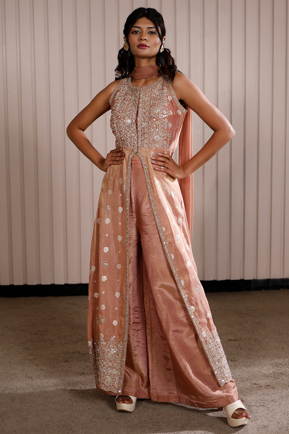 Pink Slit Jacket Style Kurta with Wide-Leg Pants in Tissue Silk and Zardosi Work.