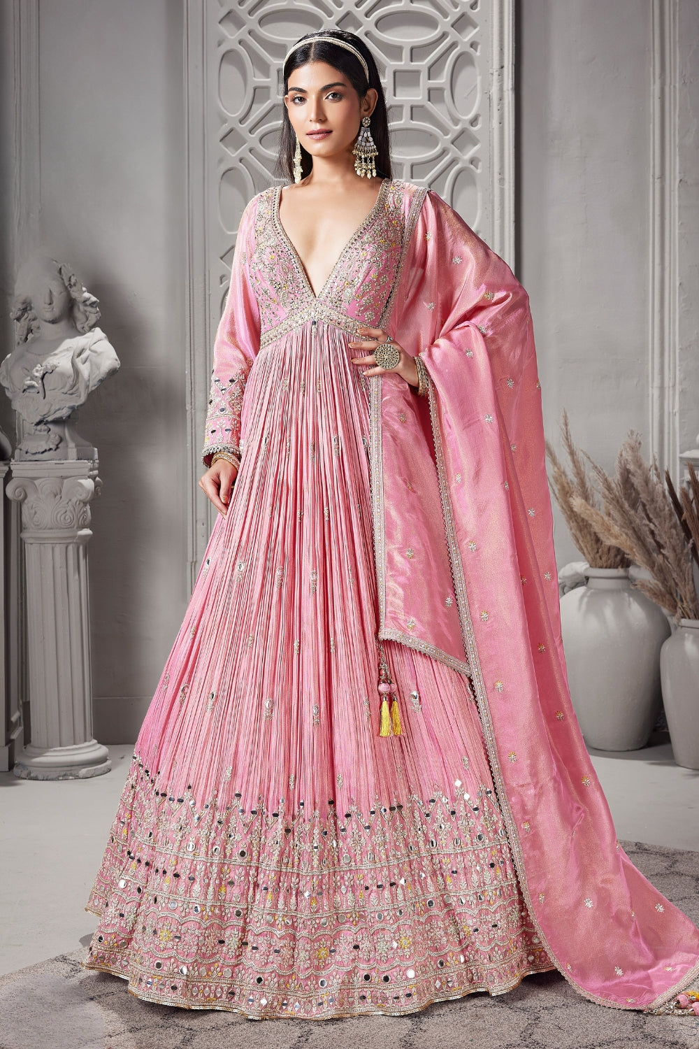 Pink Tissue Anarkali Set with Mirror and Embroidery Work