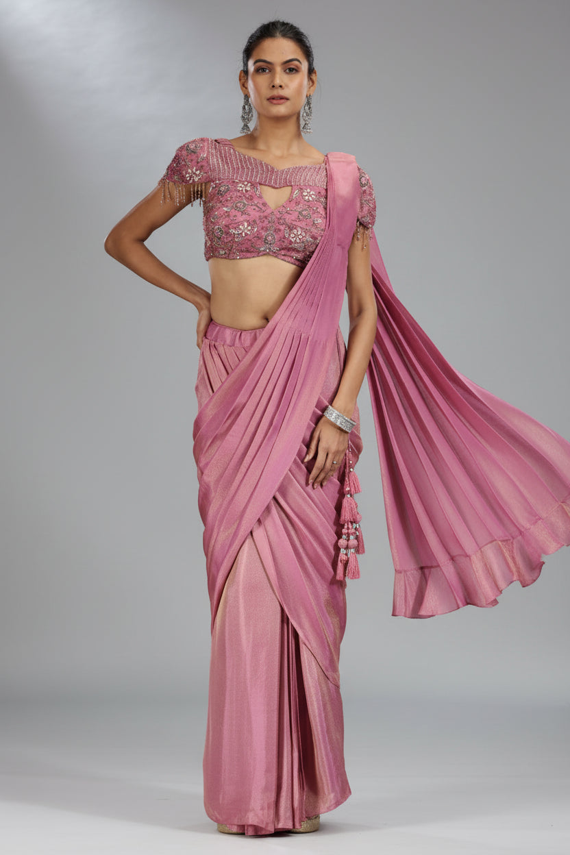 Pink Tissue Drape Saree with Cutdana and Beads Work