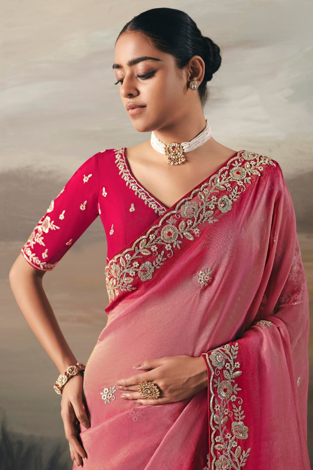 Pink Tissue Saree with Thread and Mirror Work