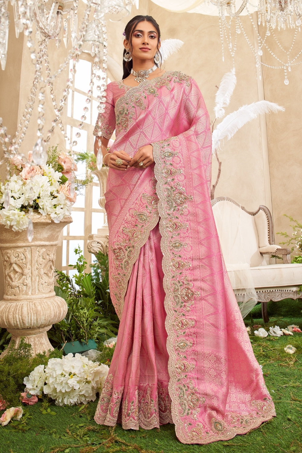 Pink Viscose Silk Saree with Resham Embroidery and Stone Work