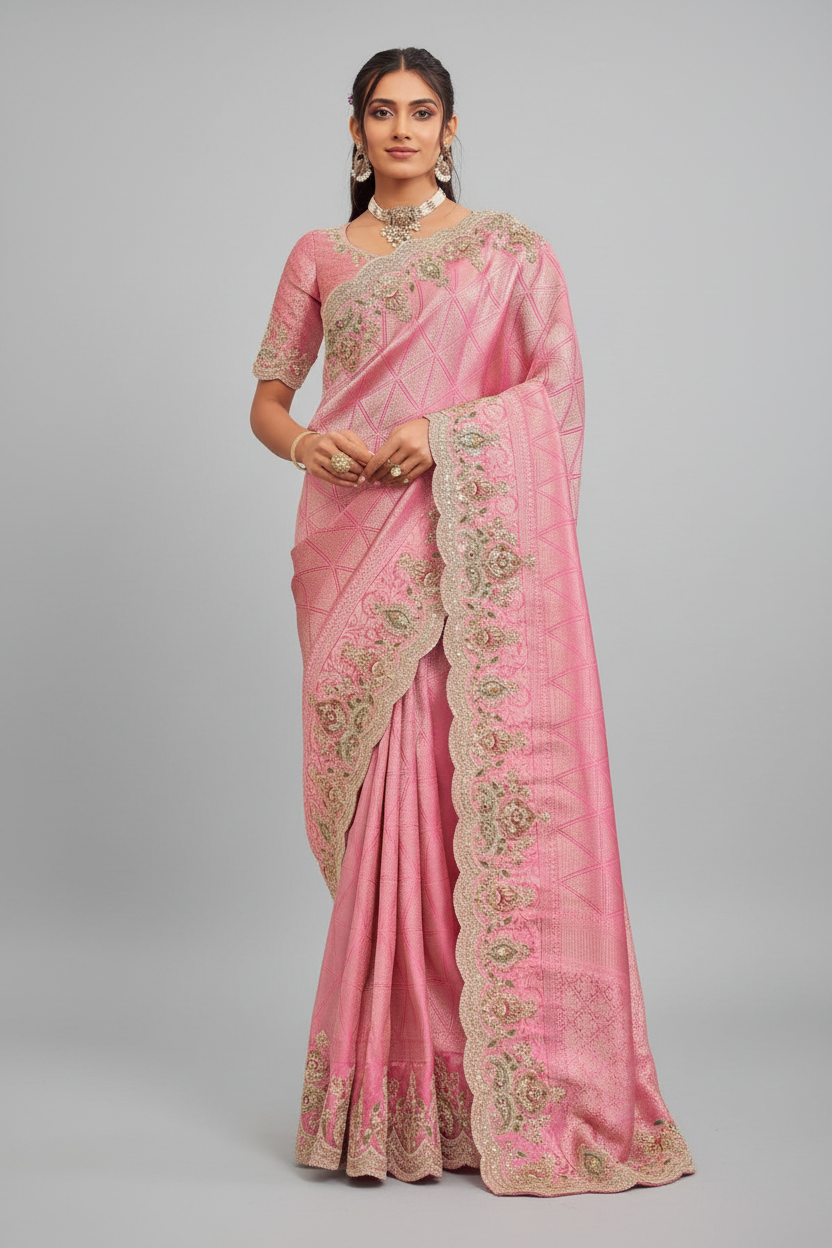 Pink Viscose Silk Saree with Resham Embroidery and Stone Work