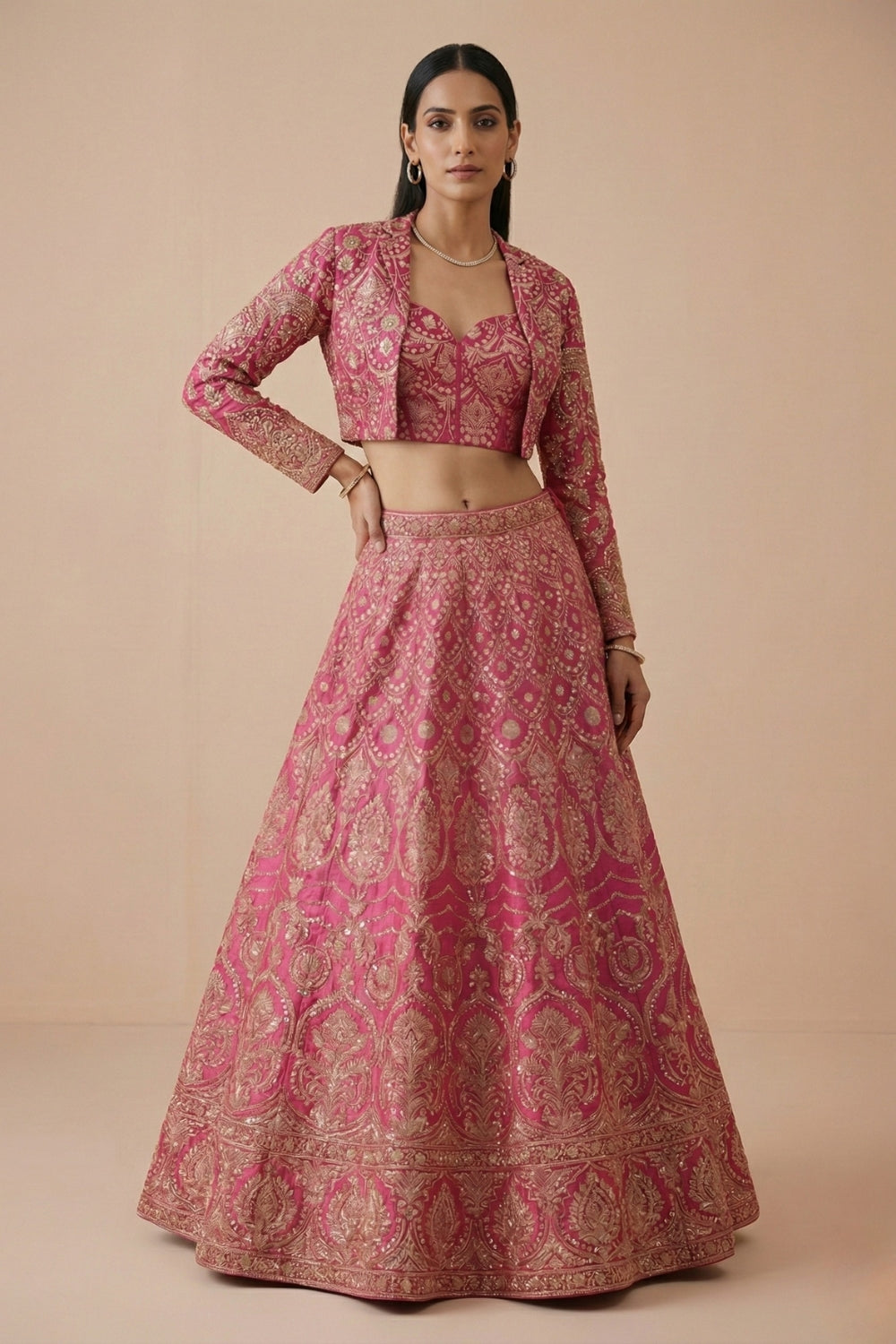 Pink Banarsi Silk Lehenga Set with Cutdana and Moti Work