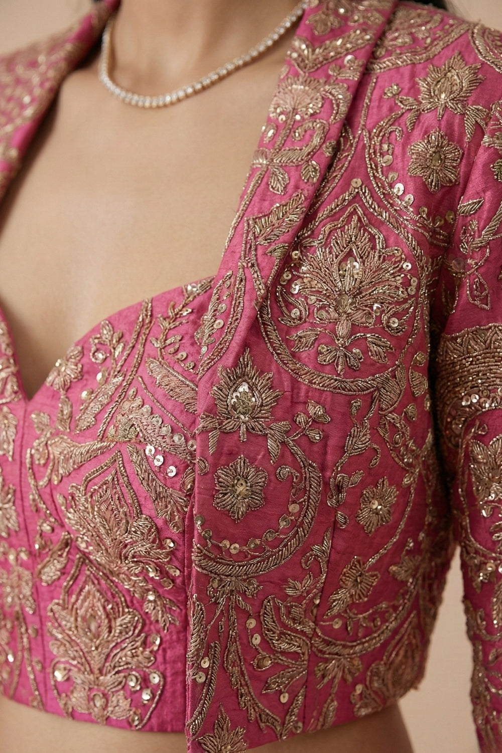 Pink Banarsi Silk Lehenga Set with Cutdana and Moti Work