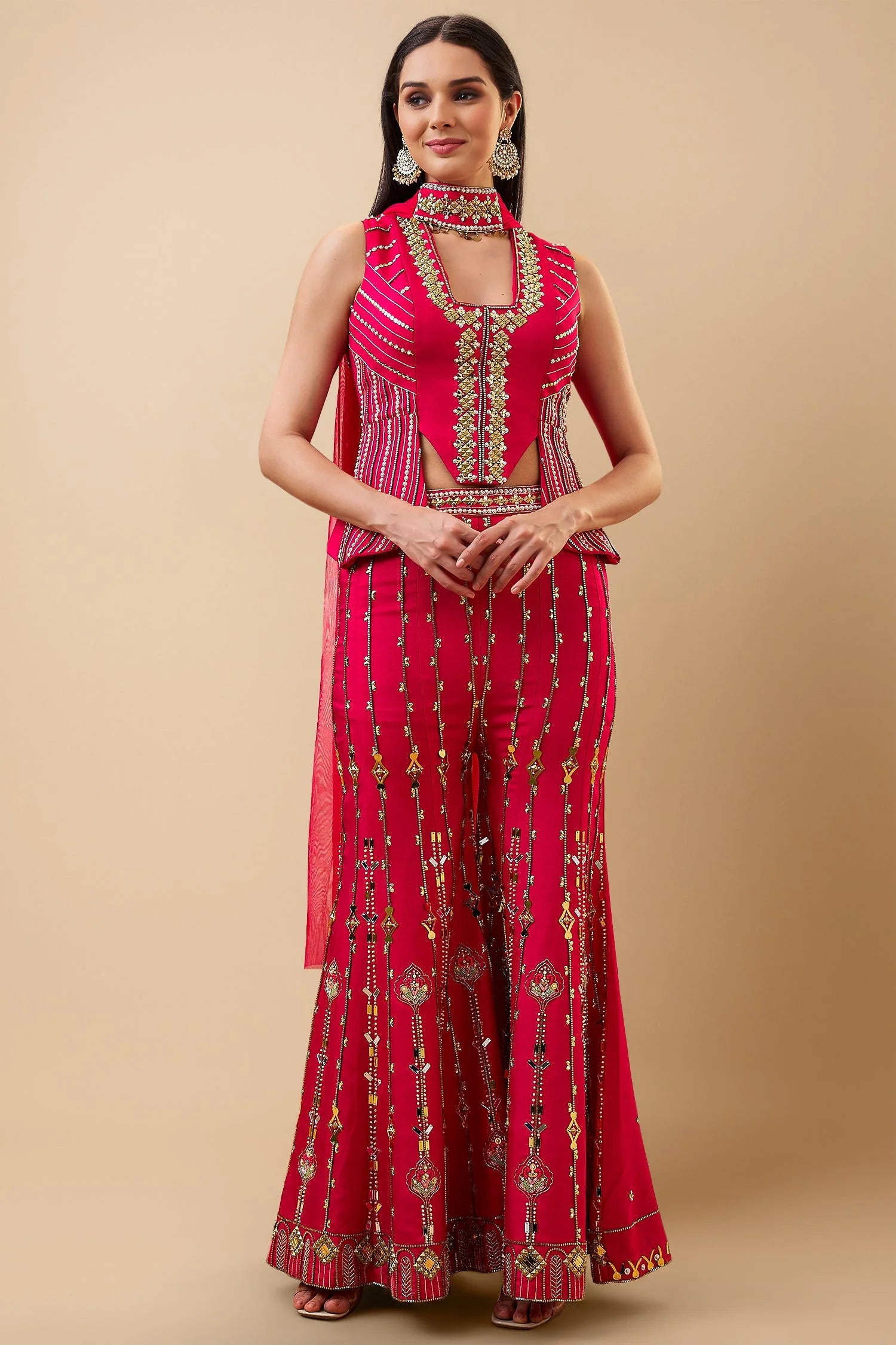 Pink Dola Silk Metalic Worked Asymmetric Crop Top Palazzo Set