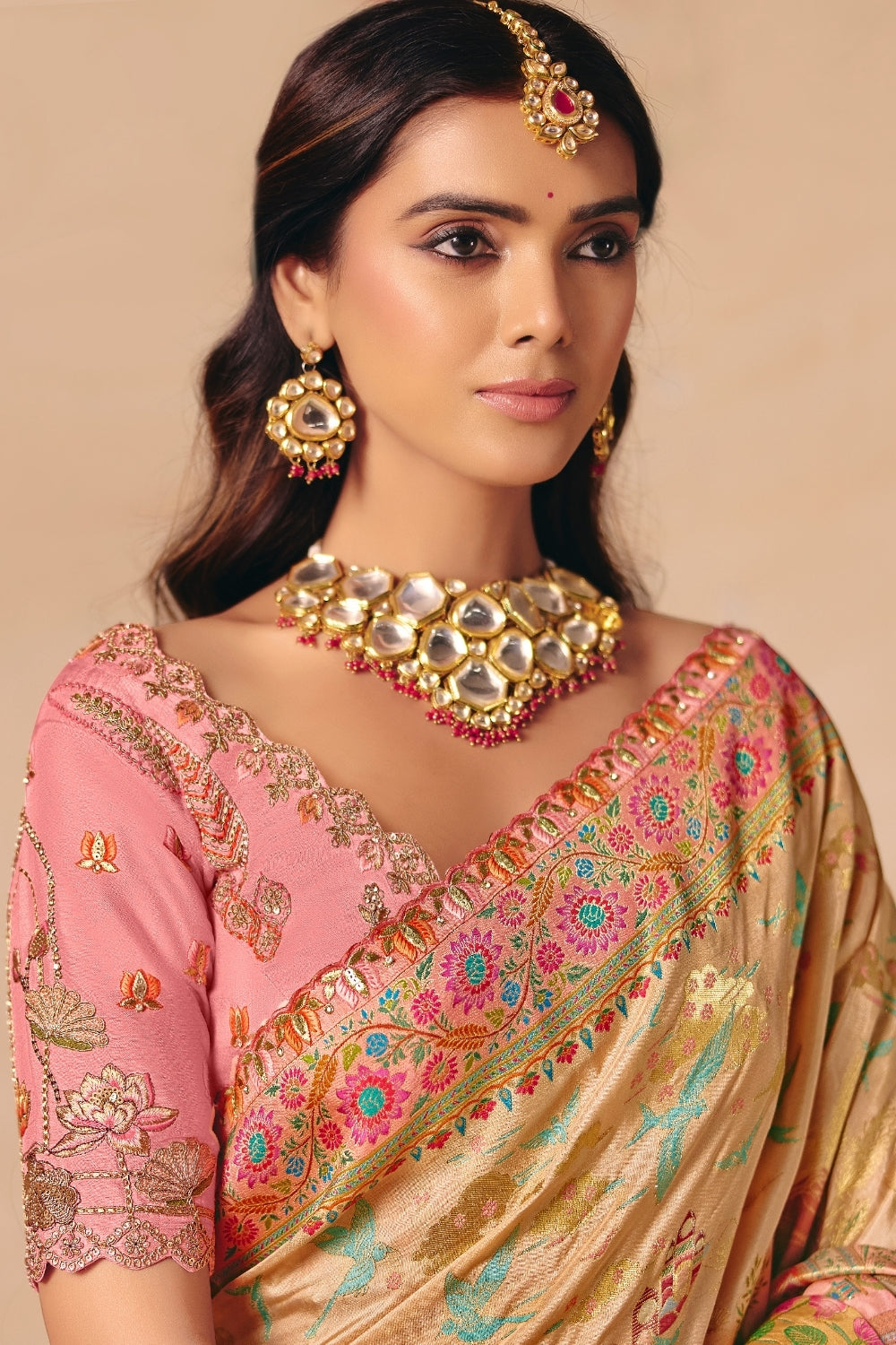 Pink and Cream Silk Saree with Sequins and Stone Work