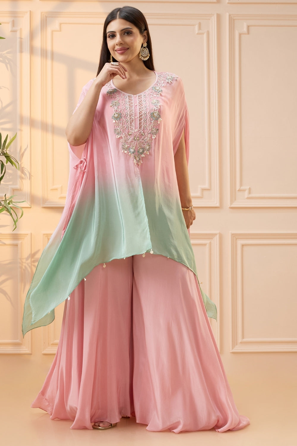 Pink and Green Ombre Crepe Silk Palazzo Set with Zardosi Work