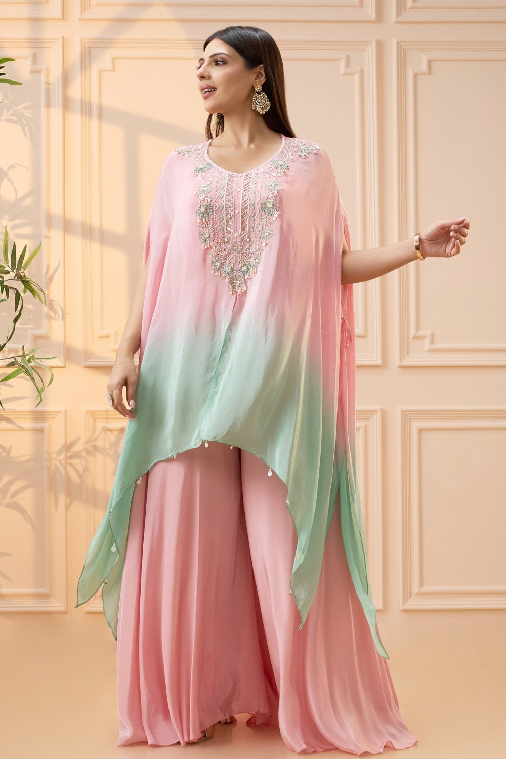 Pink and Green Ombre Crepe Silk Palazzo Set with Zardosi Work