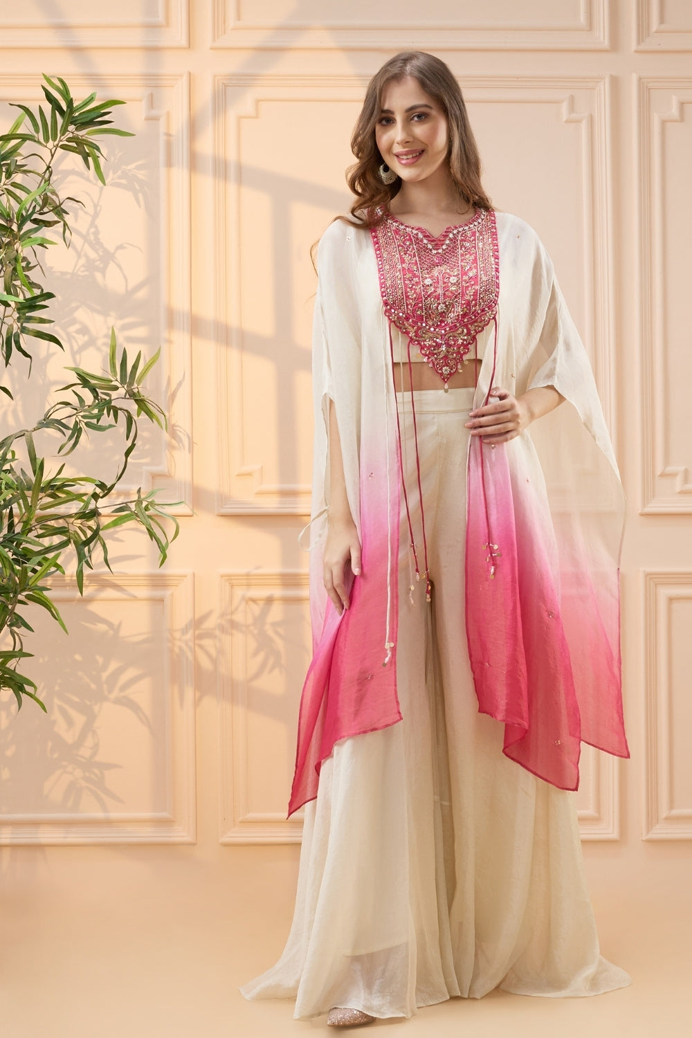 Pink and Off White Chiffon Palazzo Set with Cutdana and Moti Work