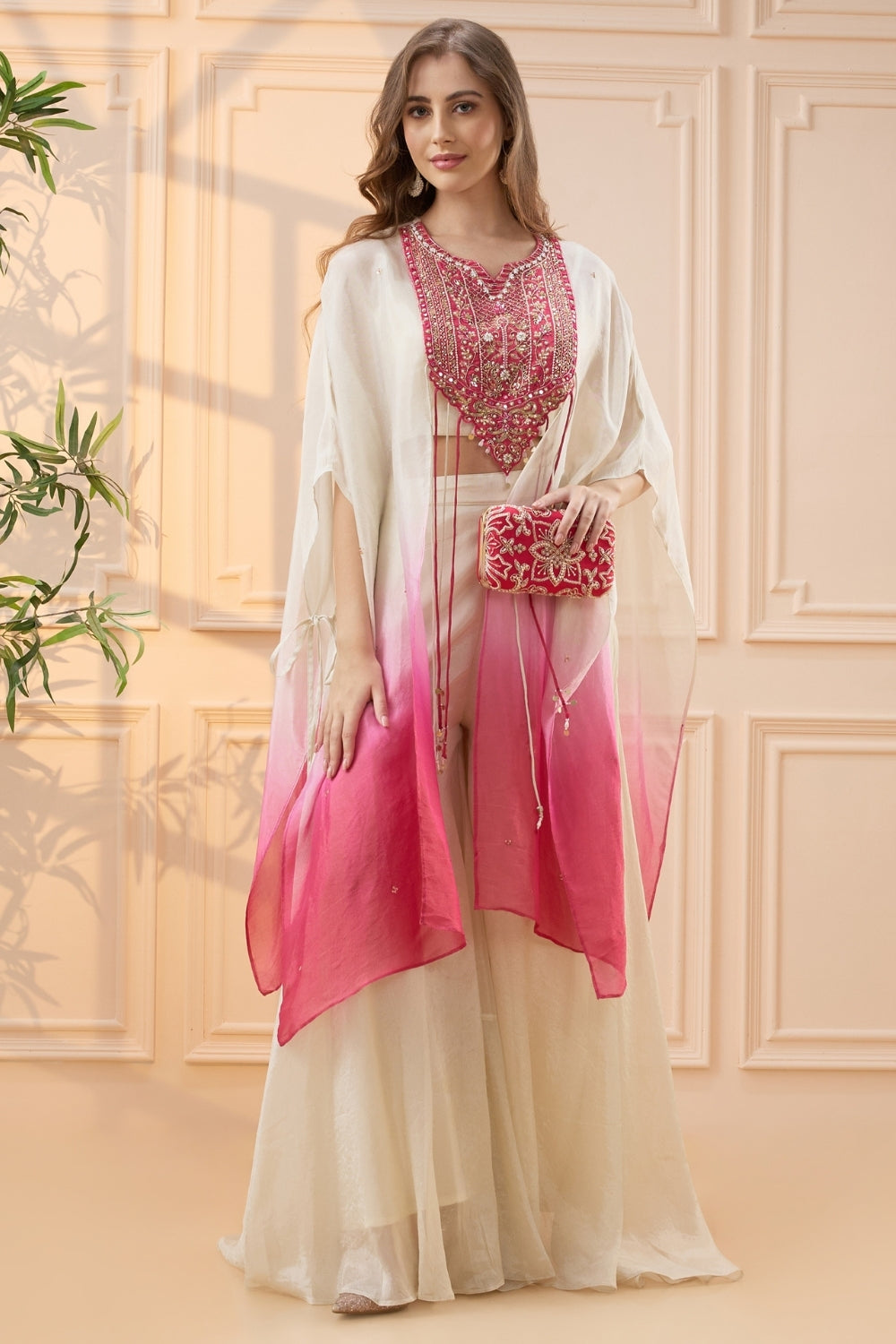 Pink and Off White Chiffon Palazzo Set with Cutdana and Moti Work