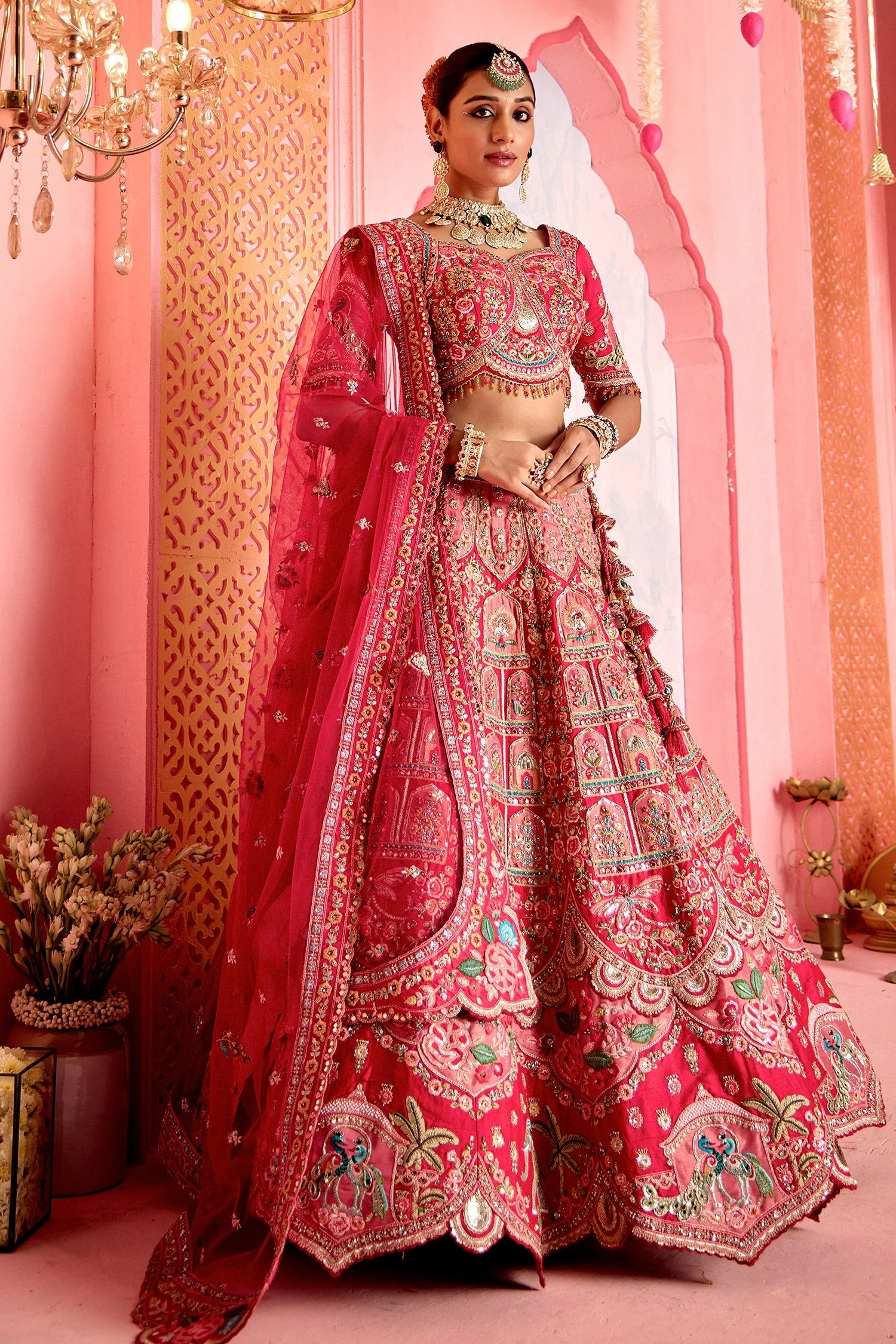 Pink and Red Velvet Tissue Patch Work Designer Bridal Lehenga with Elephant and Peacock Motif On Border