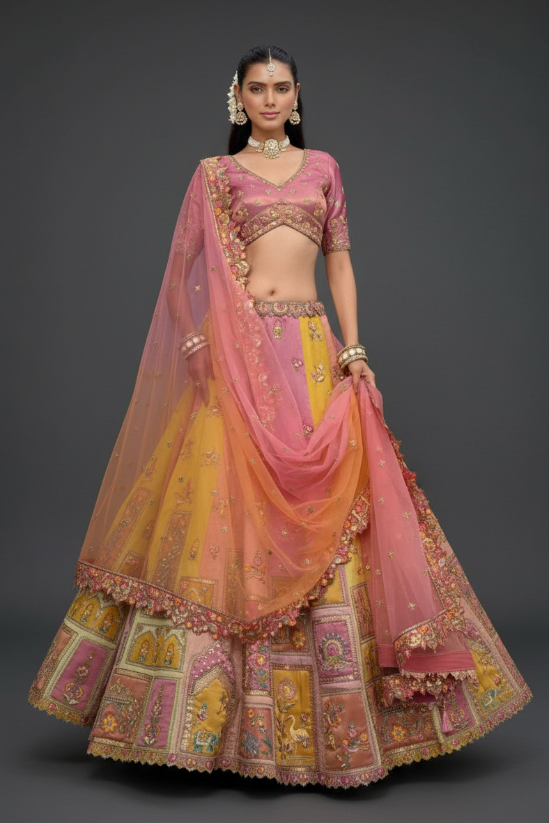 Pink and Yellow Silk Lehenga Set with Stone and Sequins Work